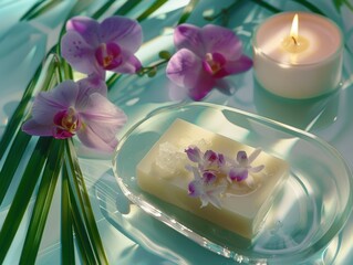 High-quality beauty products featuring a bar of soap adorned with orchid petals, and a candle resting on a clear glass dish.