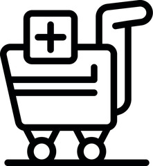 Simple line art of a shopping cart with a medical cross, symbolizing purchasing medical supplies or drugs online