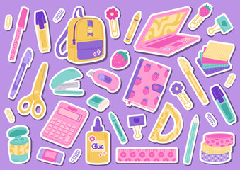 The school supplies a sticker pack with a purple checkered background. Back to school. Education accessories: Backpack, book, ruler, pen, pencil, calculator, brushes, glue, paper clip, and stapler.