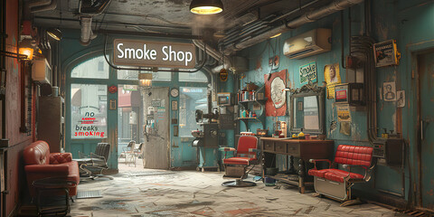 Fototapeta premium A vintage smoke shop interior with red leather barber chairs and a sign reading 