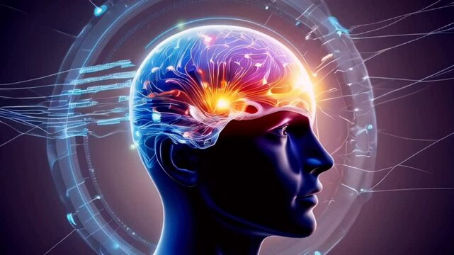 a brain with glowing neural connections and a high-tech digital interface.