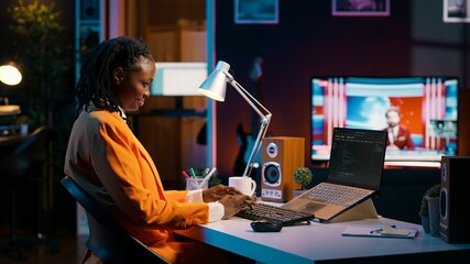 Database engineer student writing code for improving network or debugging server, using html script on terminal window. Girl learning programming language and infographics. Camera A.