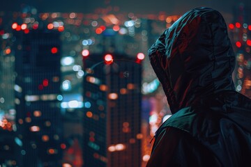 Nighttime city scene with rain falling, person in a hooded coat looking out at the lights of the urban skyline.
