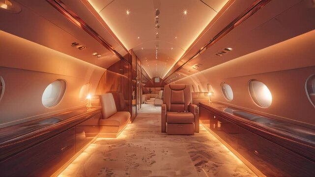 An airplane interior with rows of empty seats, bathed in warm light, and a view of clouds through the windows