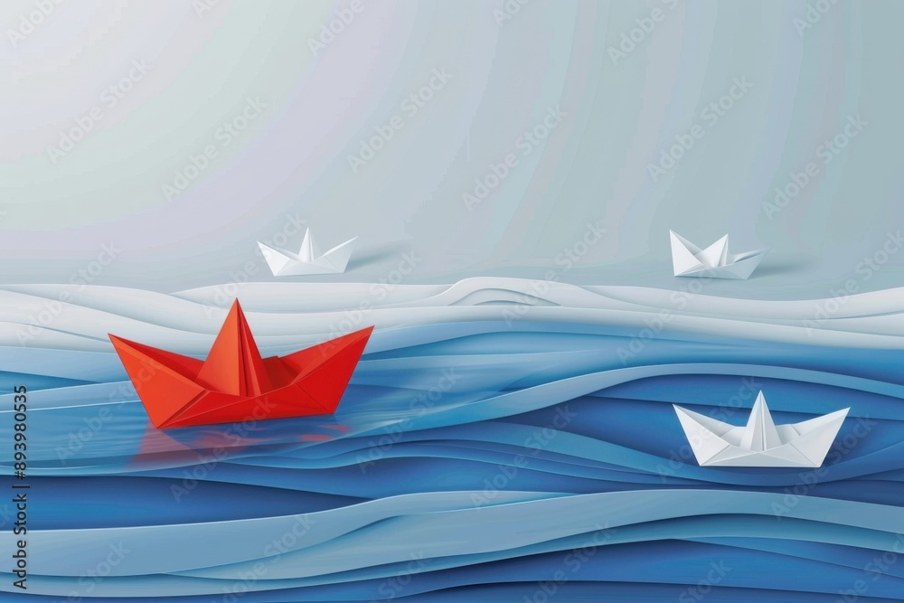 Wall mural Origami red boat on blue water, three origami boats floating peacefully.