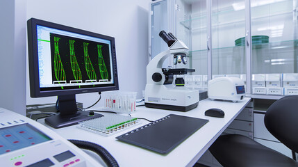  a clean, modern biotech laboratory with advanced equipment like microscopes, petri dishes, and computer monitors displaying DNA sequences