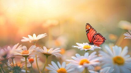 Field of Daisies with a Butterfly, Blooming Flower Meadow, Colorful Nature Scene, Springtime Flora, Butterfly Landing on Flowers, Sunny Garden Landscape