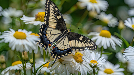 Field of Daisies with a Butterfly, Blooming Flower Meadow, Colorful Nature Scene, Springtime Flora, Butterfly Landing on Flowers, Sunny Garden Landscape