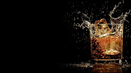 Glass of Splashed Alcohol Drink with Ice Cube, Isolated on Black Background, Refreshing Beverage Concept, Liquor Splash, High-Speed Photography