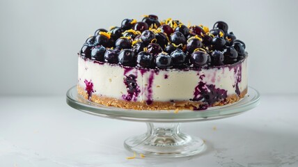 Delicious blueberry cheesecake on glass stand