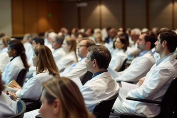 Fototapeta premium Medical professionals attending a seminar or lecture in an auditorium. They are wearing their white coats, indicating they may be doctors or nurses.