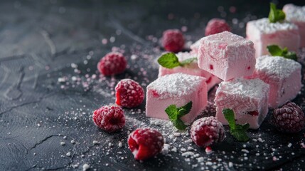 Homemade raspberry and mint marshmallow on dark surface