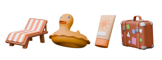 Beach chair, inflatable duck ring, suitcase with tourist stickers, sun protection lotion