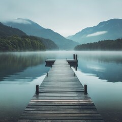 Fototapeta premium A serene lakeside view with a wooden pier and misty mountains