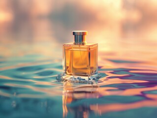A bottle of perfume floating on top of rippling water, highlighting the scent's freshness and natural qualities.