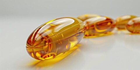 Five omega-3 fish oil softgel capsules on a surface, commonly used for cardiovascular health and other conditions.