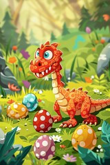 Obraz premium Dragon in a field of polka dot and shelf mushroom eggs.