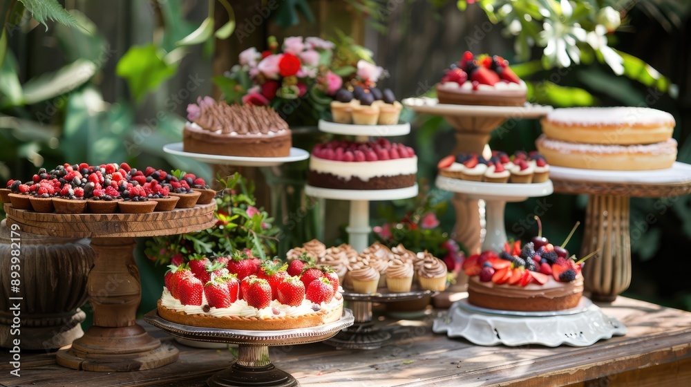 Wall mural Outdoor table with cakes.