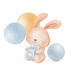 Watercolor illustration of a bunny holding a cube and balloons. Design for boys.