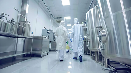 Industrial Facility, Scientists and Technicians Collaborating on Pharmaceutical and Medical Research, Laboratory Environment, Scientific Teamwork, Medical Innovation, Drug Development, Research