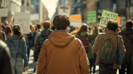 Obraz premium Diverse group of people demonstrating on a city street, holding signs and walking together.