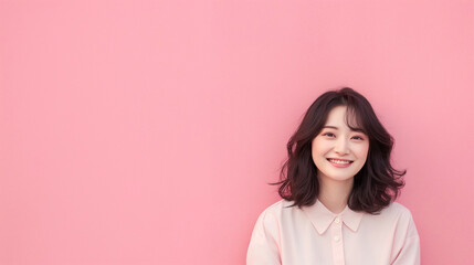 Fototapeta premium Young smiling Korean woman on a plain pink background