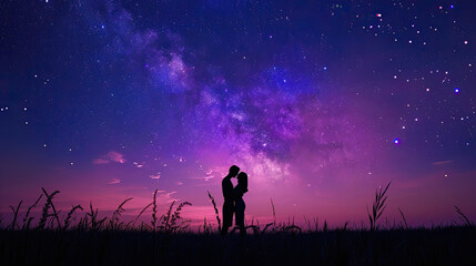 Silhouette of a Couple Sharing a Kiss at Night, Romantic Embrace, Night Sky, Love and Affection, Couple Silhouette, Intimate Moment