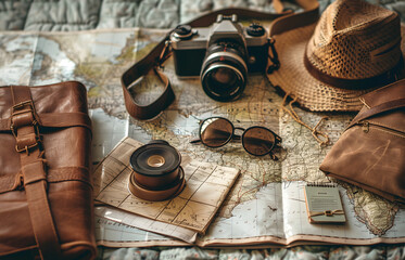 Travel concept, Hat, camera, sunglasses laid out on a map. 