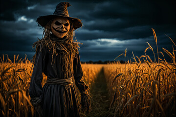 Scarecrow dressed as the grim reaper, standing in a field of tall corn under a dark sky.