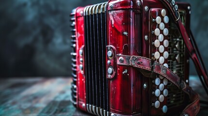 Vintage red accordion with weathered buttons and leather strap on a rustic wooden table.