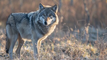 A lone wolf is captured standing in a wintry forest clearing, surrounded by snow-dusted trees and...