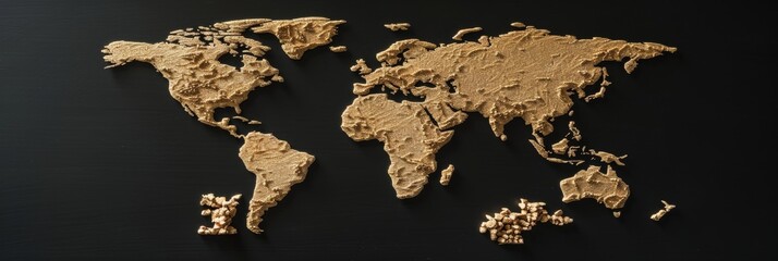 A gold colored map of the world is shown on a black background. The map is made of small gold pieces and has a unique texture. Concept of luxury and sophistication, as well as a sense of adventure