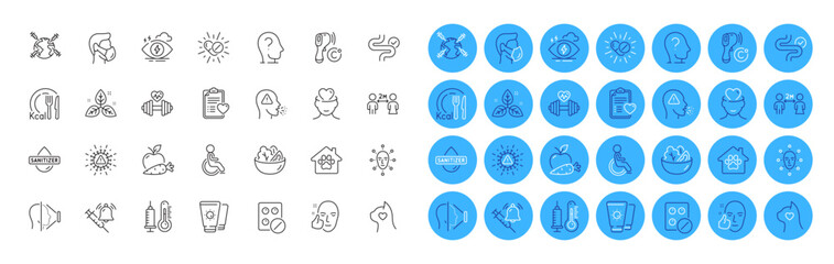 Disability, Pets care and Psychology line icons pack. Medical mask, Stress, Apple carrot web icon. Medical drugs, Vaccine announcement, Patient history pictogram. Pet shelter. Vector