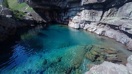 Crystal clear pool beneath a rocky cliff with water so transparent you can see the bottom, sun rays creating sparkling reflections, embodying purity and tranquility.