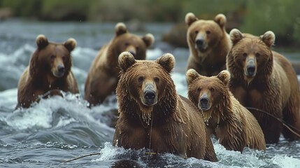 A group of six brown bears, wet from the river, standing and wading through the flowing water, possibly looking for fish in a lush green natural setting.