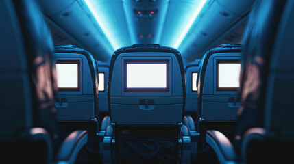 back of an airplane seat with a screen in front, displaying empty white space available for advertising