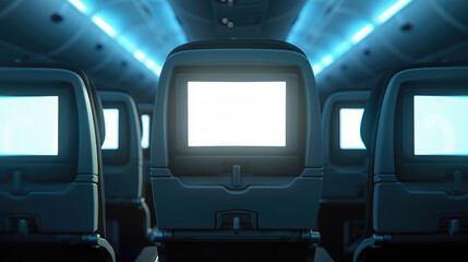 back of an airplane seat with a screen in front, displaying empty white space available for advertising