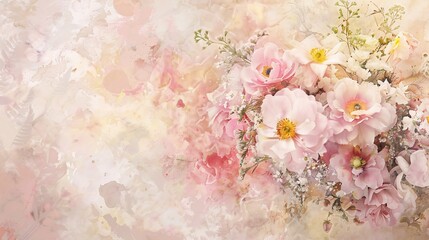 Delicate watercolor blooms in soft blush pink and pale yellow create a romantic and feminine feel, resembling a bouquet of delicate flowers on a textured canvas.
