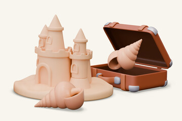 Opened suitcase with seashell, sandcastle in 3D style. Vector color concept