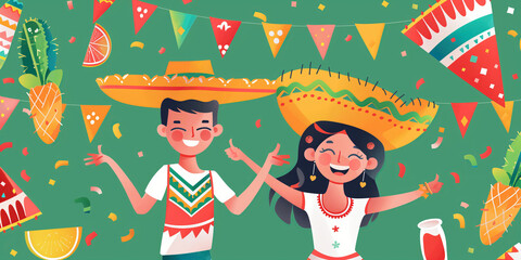 Two happy young people celebrating Cinco de Mayo. Festive elements on pastel background. Traditional Cinco de Mayo decor and party accessories.
