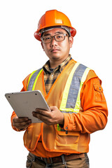 Young, smart, handsome, Asian construction workers with ipad, full body, eye level, white background cutout