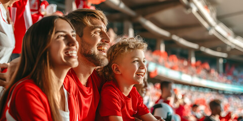 Naklejka premium Excited sports fans wearing red and white clothes celebrating the victory of their team. People chanting and cheering for their soccer team. Family watching football match.