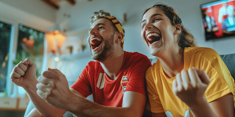 Young people watching football match in front of TV. Excited friends celebrating the victory of their team. Sports fans chanting and cheering for their soccer team.