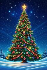Fototapeta premium Beautifully decorated Christmas tree standing on a snowy surface, with a star on top and surrounded by a night sky filled with stars.