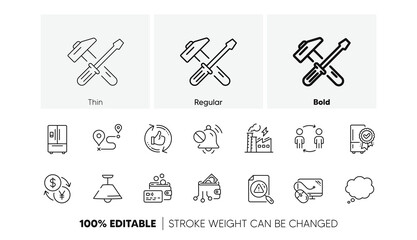 Refrigerator, Refresh like and Computer mouse line icons. Pack of Card, Journey, Electricity factory icon. Hammer tool, Digital wallet, Ceiling lamp pictogram. Comic message, Mute sound. Vector
