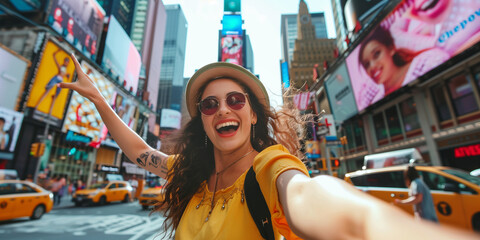 Beautiful young woman having much fun in New York. Cheerful adult tourist feeling happy and excited in Manhattan, USA.