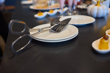 An elegant display of a cutlery set and a dessert server arranged on a dining table