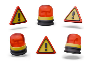 Triangular sign attention danger, red emergency lamp. Set of realistic objects