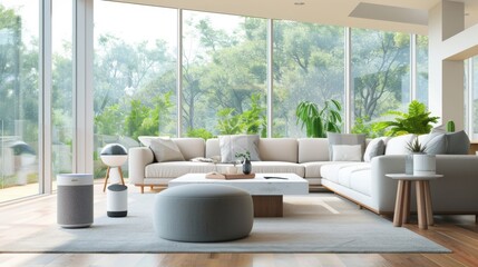 Modern living room featuring various smart home devices