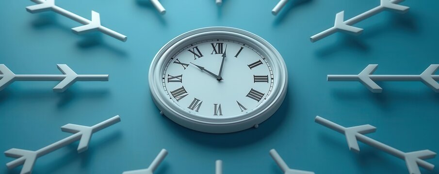 A classic wall clock with Roman numerals surrounded by arrow-shaped decorations, symbolizing time and direction in a minimalist design.